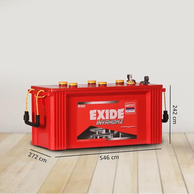 Exide Invahomz 150Ah inverter battery with dimensions, shown on wooden floor for Battery City