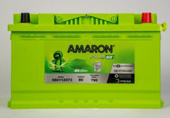 Amaron FLO DIN80 green car battery with black and red terminals from Battery City