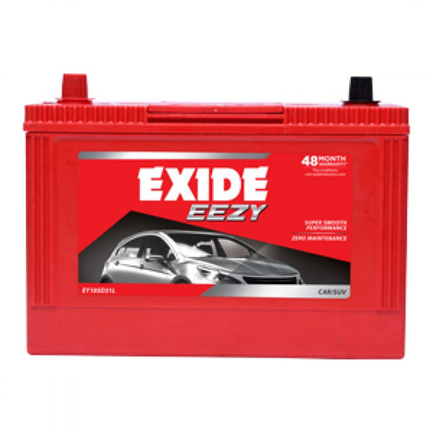 Exide EEZY red car battery for car and SUV, model EY105D31L, front view on white background