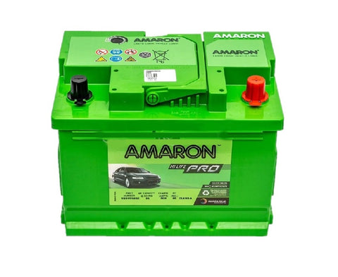 Amaron Hi Life Pro green car battery with labels, available at Battery City for fast delivery