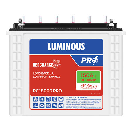 Luminous RC18000 Pro tall tubular inverter battery, 150Ah, shown with product labels and warranty details