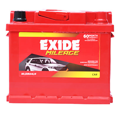 Exide Mileage red car battery with label and car image, for Battery City's home delivery and installation services.