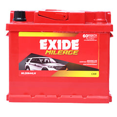 Exide Mileage red car battery with label and car image, for Battery City's home delivery and installation services.