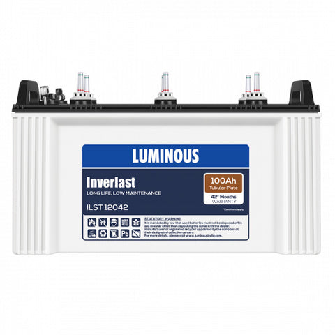 Luminous 100Ah inverter battery for home UPS, visible labels and connections, Battery City